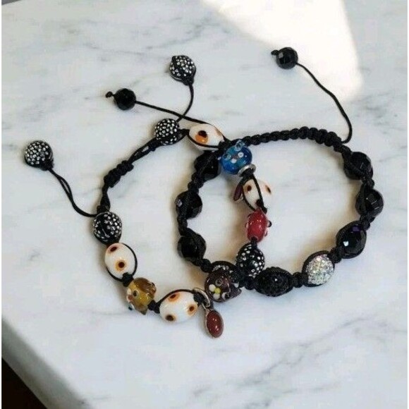 Handmade Kitty Cat Cats Lampwork glass Charm Bead  bracelet & Black Beaded Lot - Picture 1 of 6